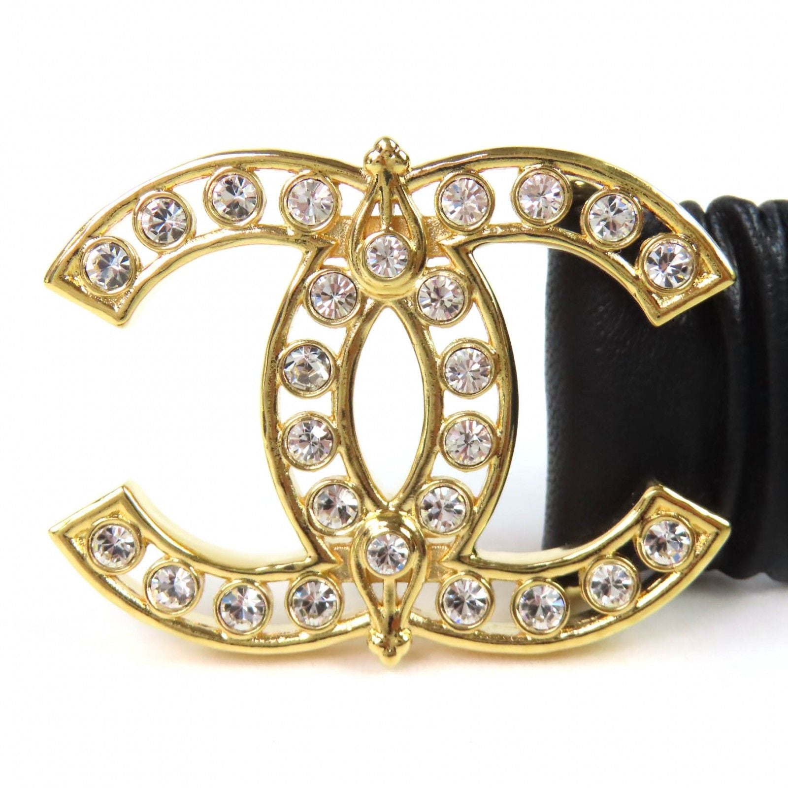 Chanel CC Logo Rhinestone Buckle Leather Rubber Belt Black Gold — view 2