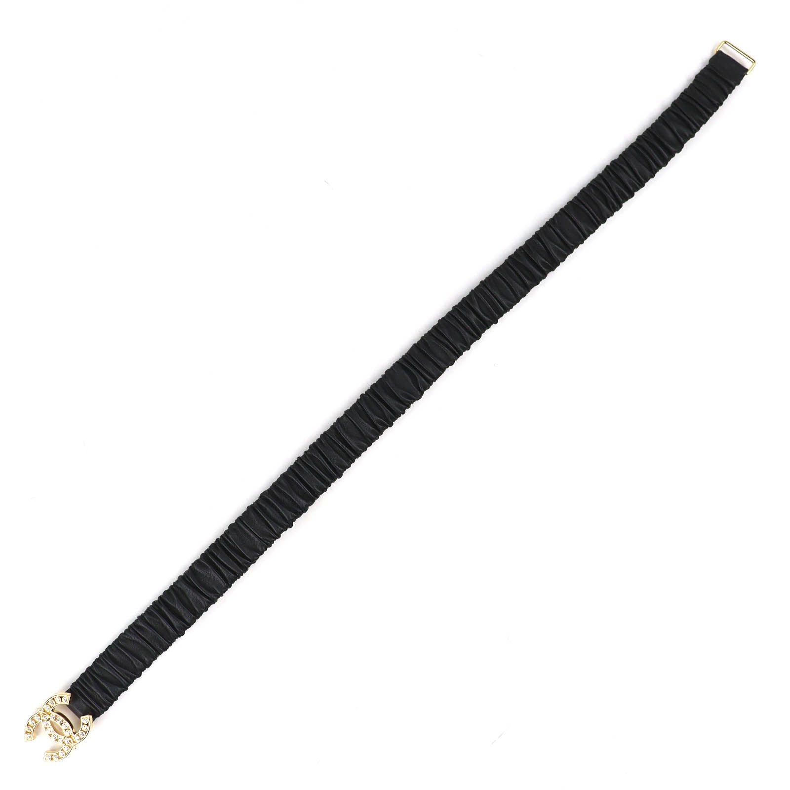 Chanel CC Logo Rhinestone Buckle Leather Rubber Belt Black Gold — view 3