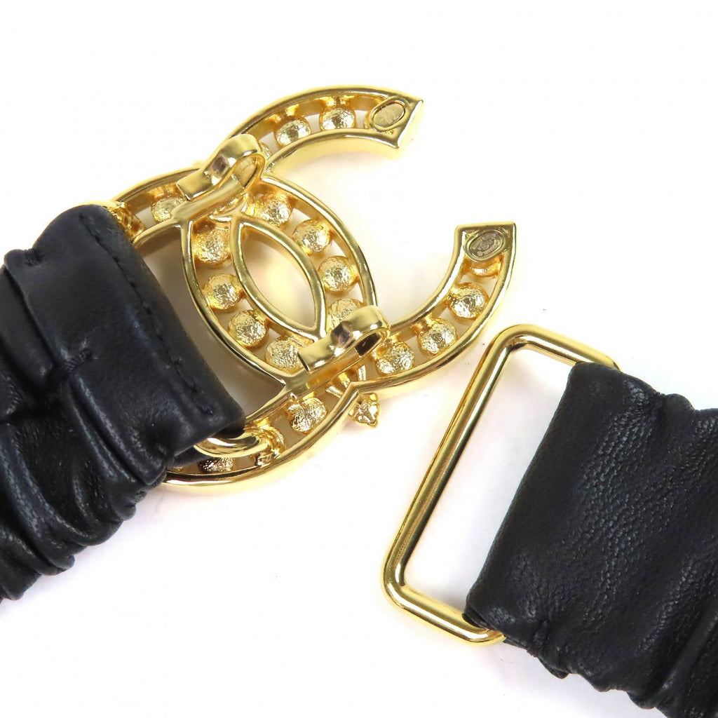 Chanel CC Logo Rhinestone Buckle Leather Rubber Belt Black Gold — view 5