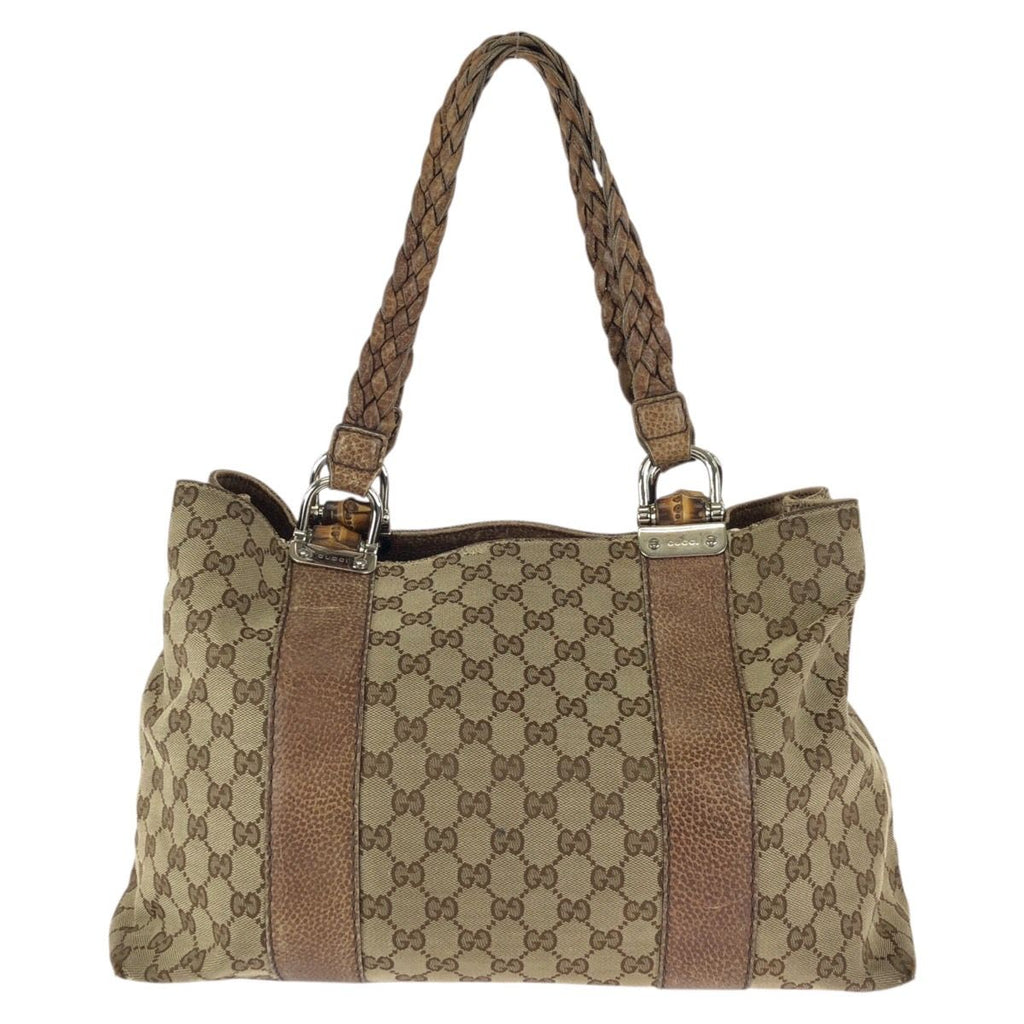 Gucci Bamboo Beige Brown Silver GG Canvas Leather Tote Shoulder Bag — view 2