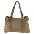 Gucci Bamboo Beige Brown Silver GG Canvas Leather Tote Shoulder Bag