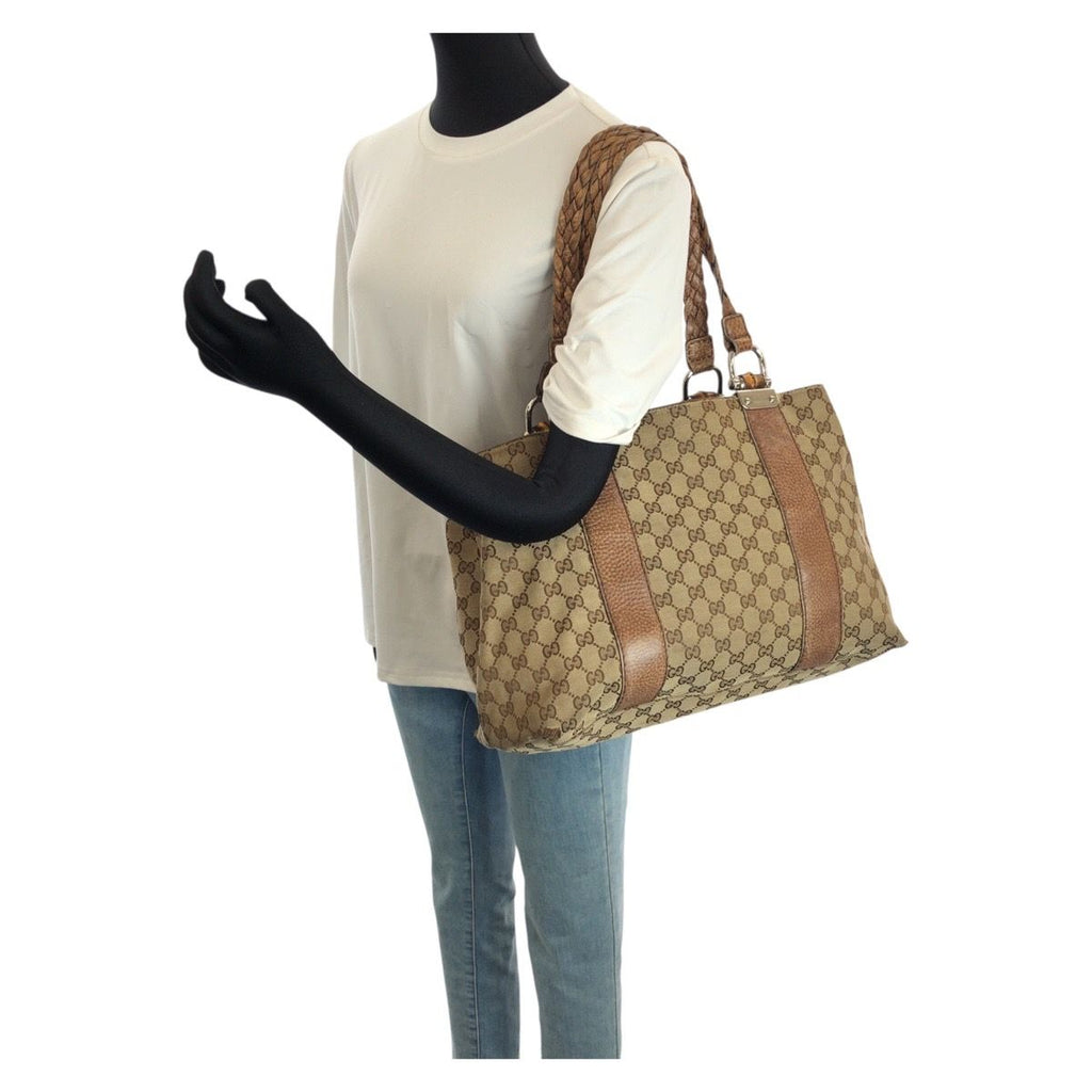 Gucci Bamboo Beige Brown Silver GG Canvas Leather Tote Shoulder Bag — view 7
