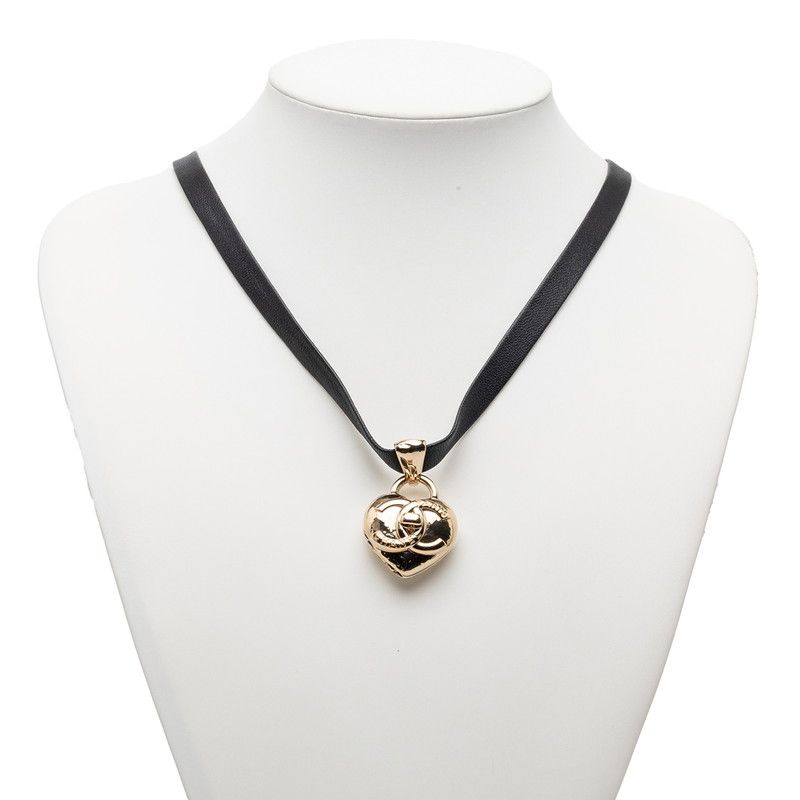 Chanel Heart Locket Turnlock Motif Necklace Gold Black Plated Leather — view 7