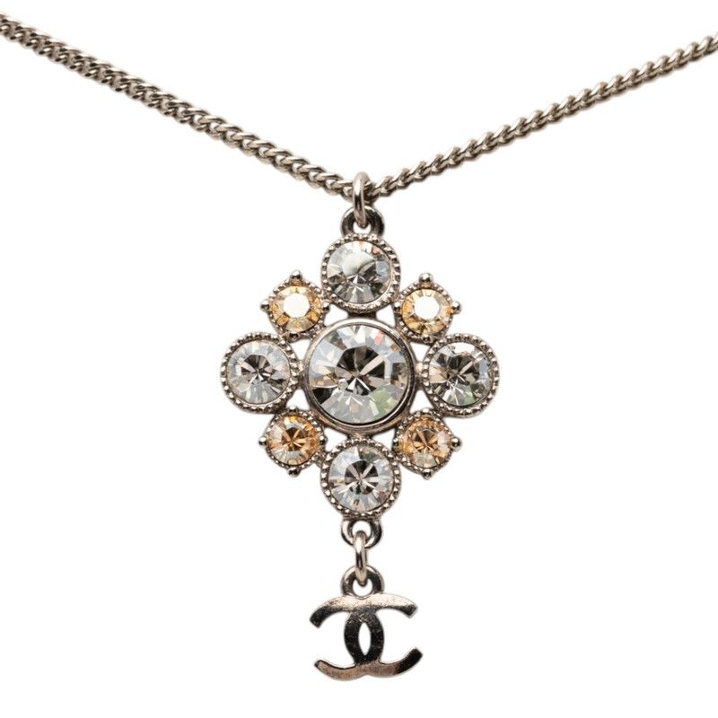 Chanel CC Logo Chain Pendant Necklace Silver Metal Rhinestone