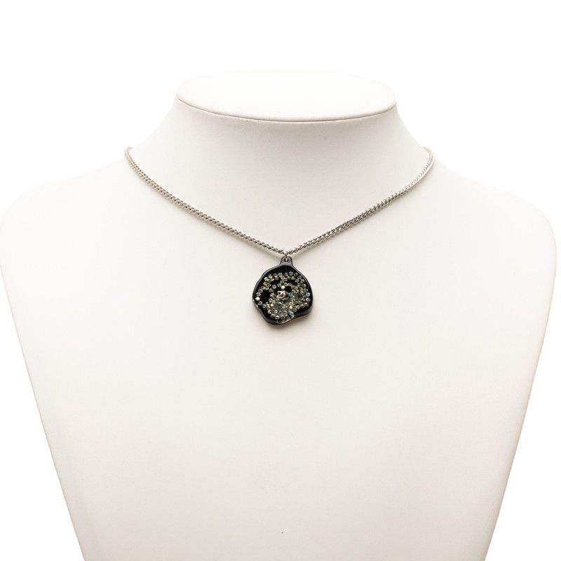 Chanel CC Logo Rhinestone Camellia Necklace Black Silver Plastic Metal — view 6
