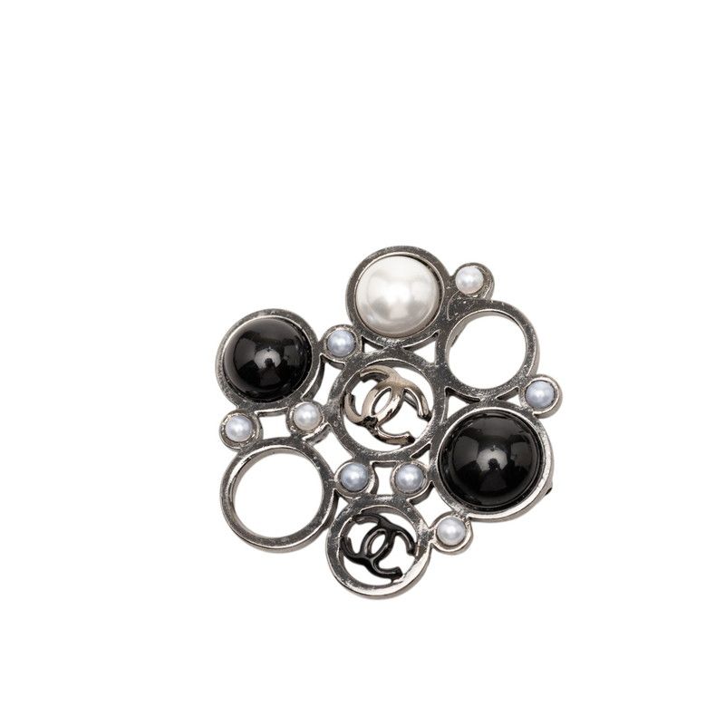 Chanel CC Logo Brooch Silver Multicolor Metal Faux Pearl