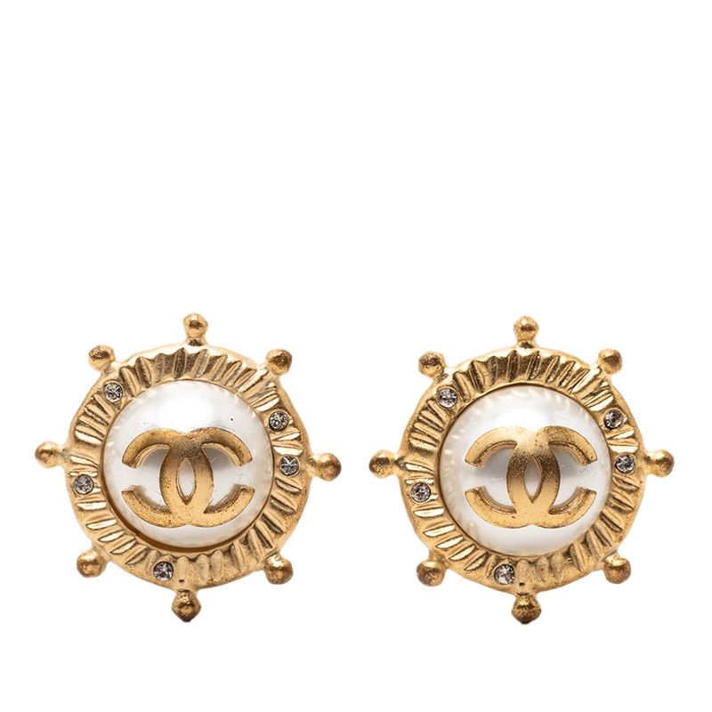 Chanel CC Logo Rhinestone Earrings Gold Plated Faux Pearl