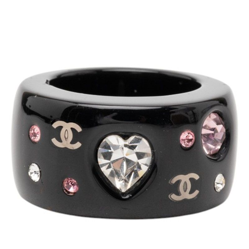 Chanel CC Logo Heart Ring Black Multicolor Plastic Rhinestone