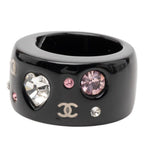 Chanel CC Logo Heart Ring Black Multicolor Plastic Rhinestone