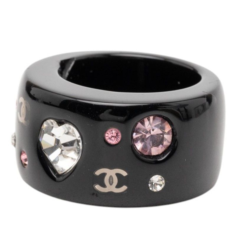 Chanel CC Logo Heart Ring Black Multicolor Plastic Rhinestone