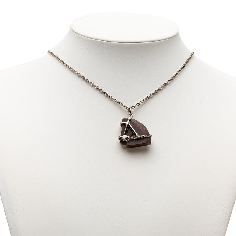 Hermes Cheval Horse Motif Pendant Necklace Silver Brown Metal Velcanium — view 5