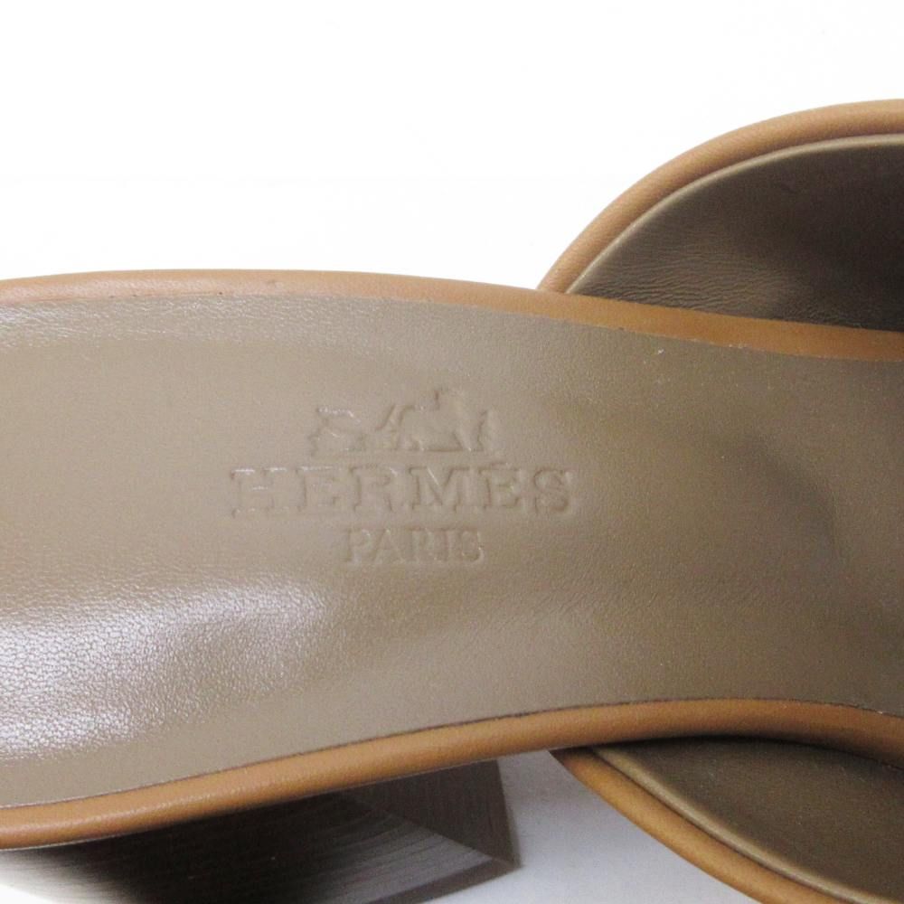 Hermes Camilla Sandals Gold Chunky Heels Leather Mules 36 Brown — view 6