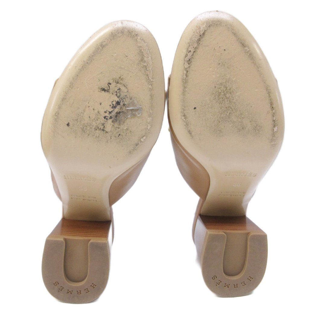 Hermes Camilla Sandals Gold Chunky Heels Leather Mules 36 Brown — view 5