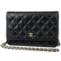 Chanel CC Logo Chain Wallet Quilted Leather Black