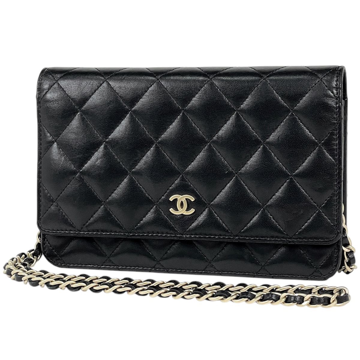 Chanel CC Logo Chain Wallet Quilted Leather Black