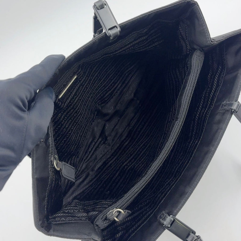 Prada Triangle Logo Stitch Nylon Black Tote Silver — view 9