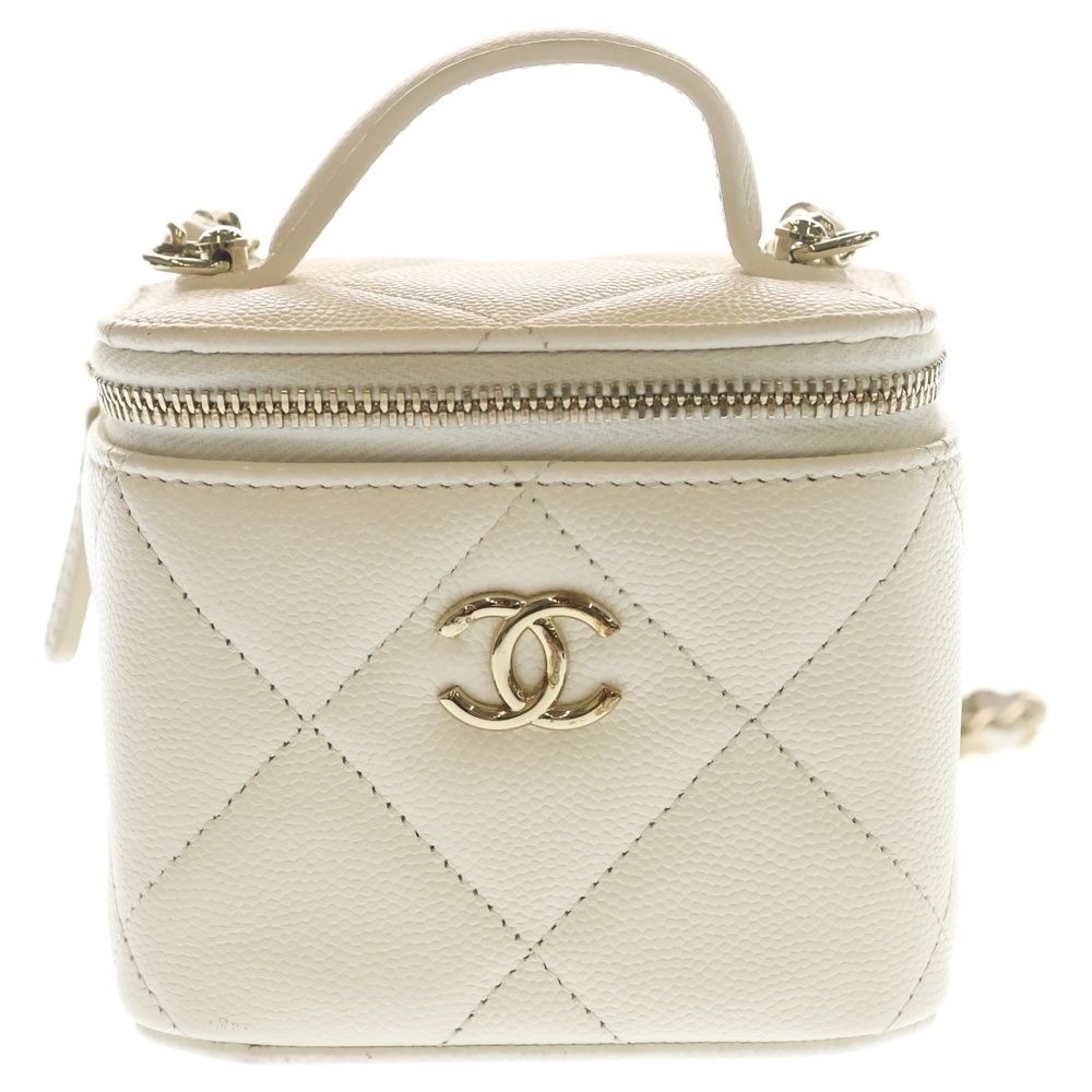 Chanel Mini Vanity Shoulder Bag Chain Caviar Leather White Gold