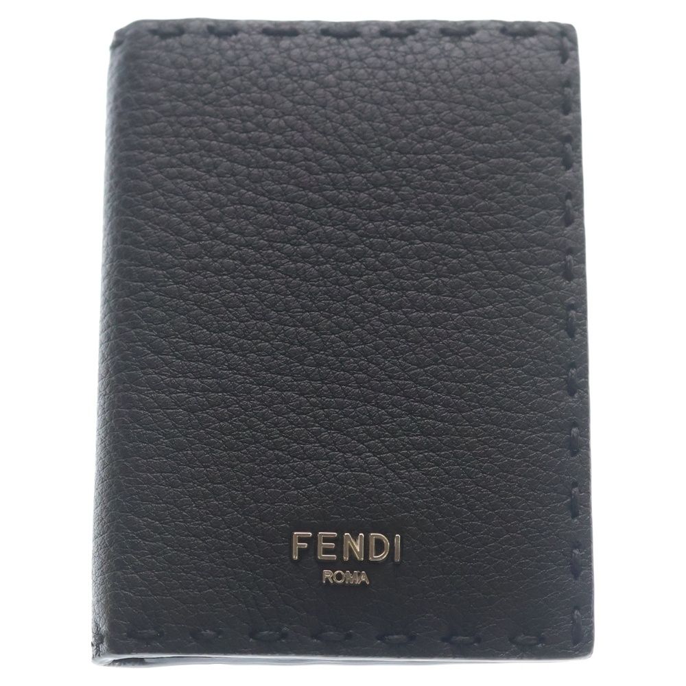 Fendi Selleria Card Case Business Holder Black Leather Silver
