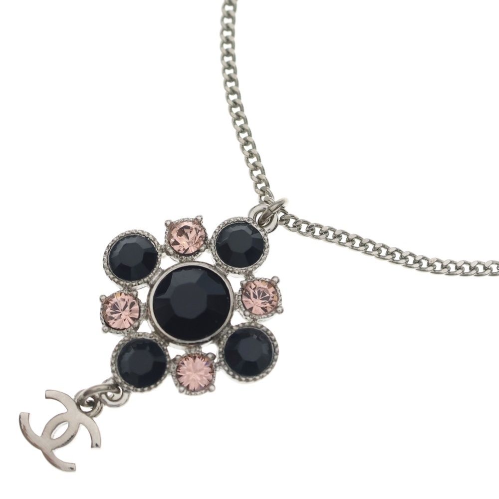 Chanel CC Logo Visual Rhinestone Necklace Pendant Chain Silver Black Pink