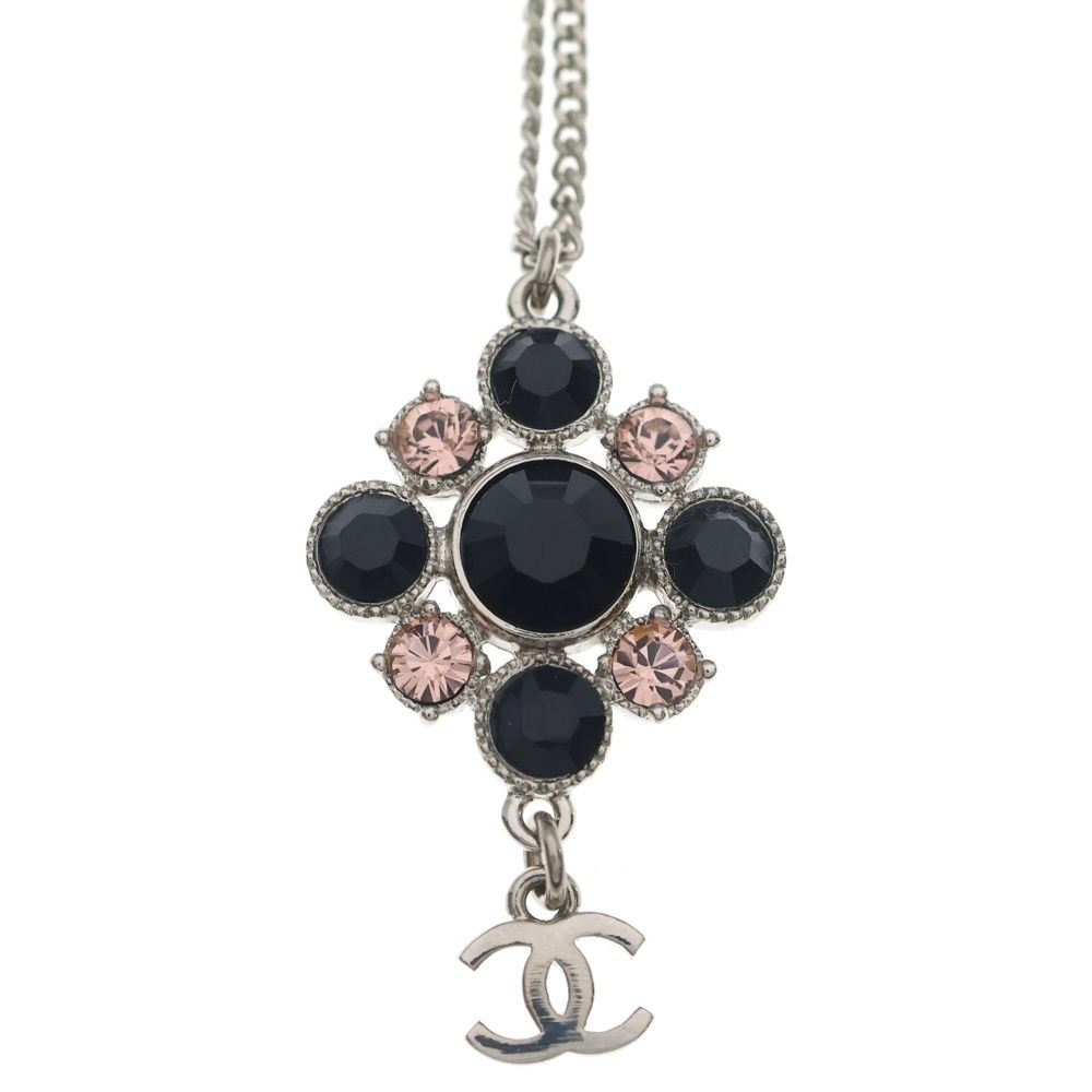 Chanel CC Logo Visual Rhinestone Necklace Pendant Chain Silver Black Pink — view 3