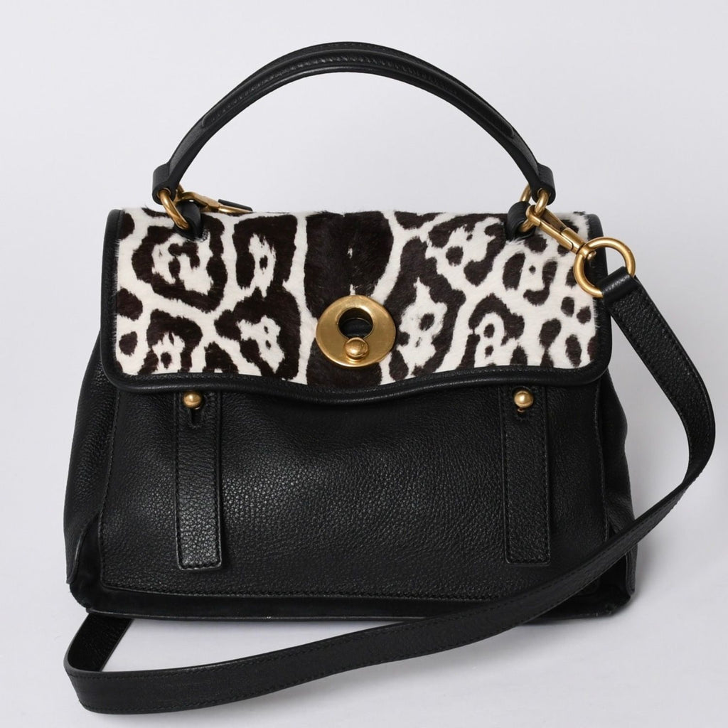 Yves Saint Laurent Muse Two 2-Way Handbag Black Leopard Leather Calf Hair Gold