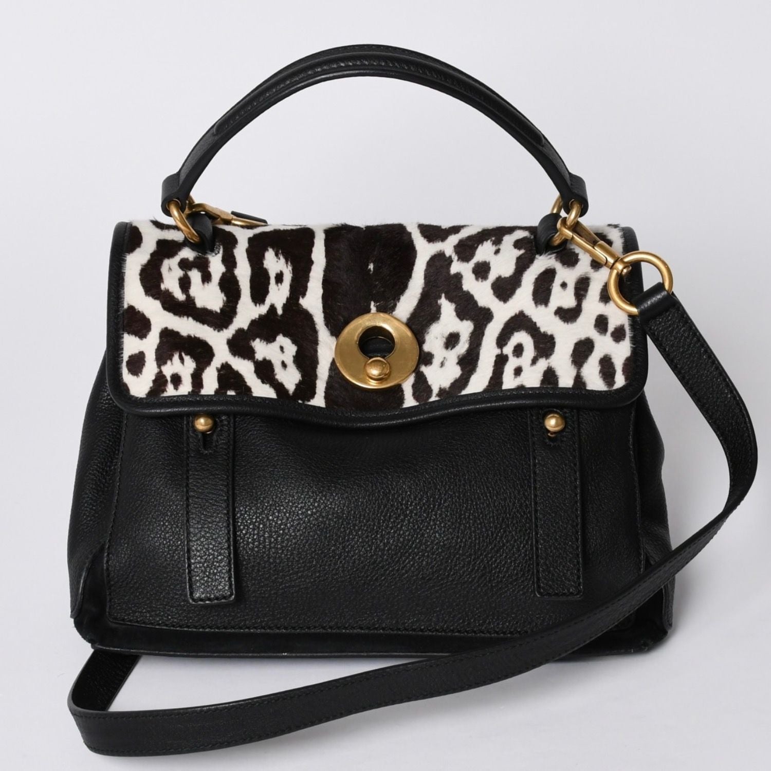 Yves Saint Laurent Muse Two 2-Way Handbag Black Leopard Leather Calf Hair Gold