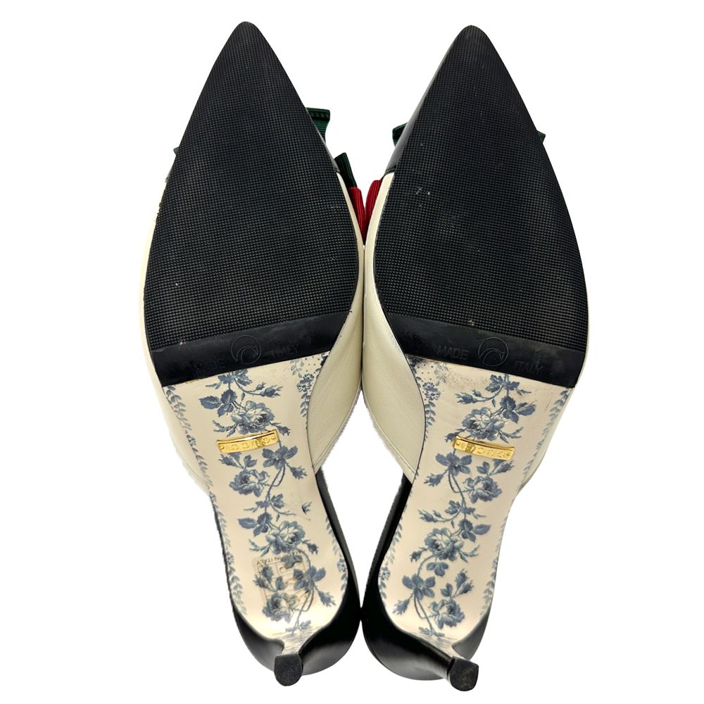 Gucci Mules Sherry Leather Bow Ivory Black 37 2 1 Heels Ribbon Bicolor — view 6