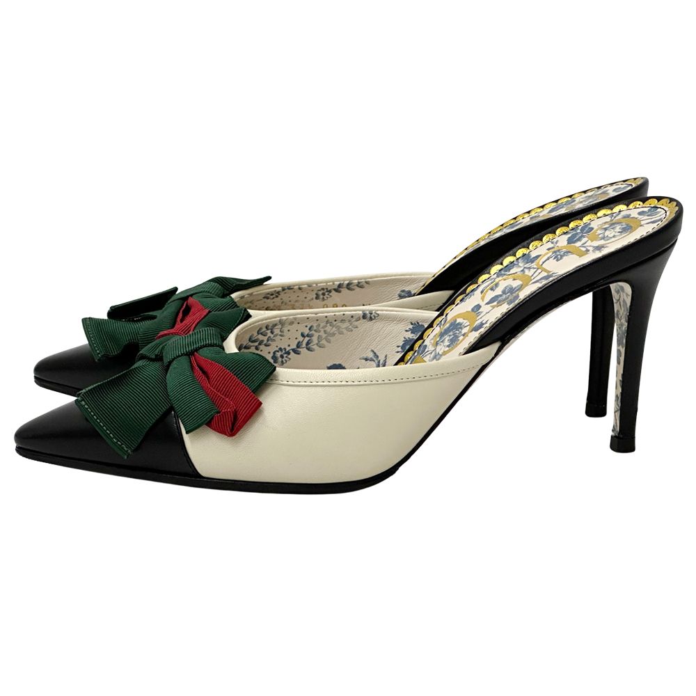 Gucci Mules Sherry Leather Bow Ivory Black 37 2 1 Heels Ribbon Bicolor — view 2