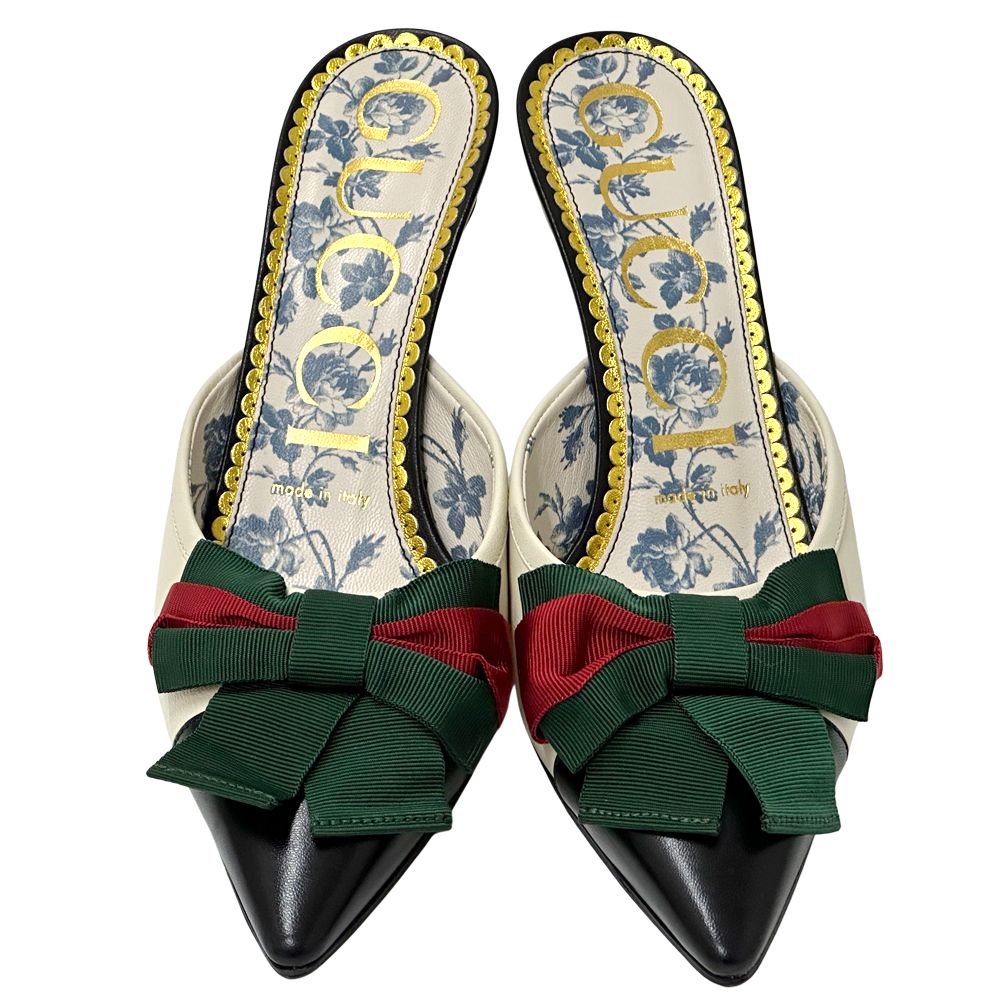 Gucci Mules Sherry Leather Bow Ivory Black 37 2 1 Heels Ribbon Bicolor — view 5