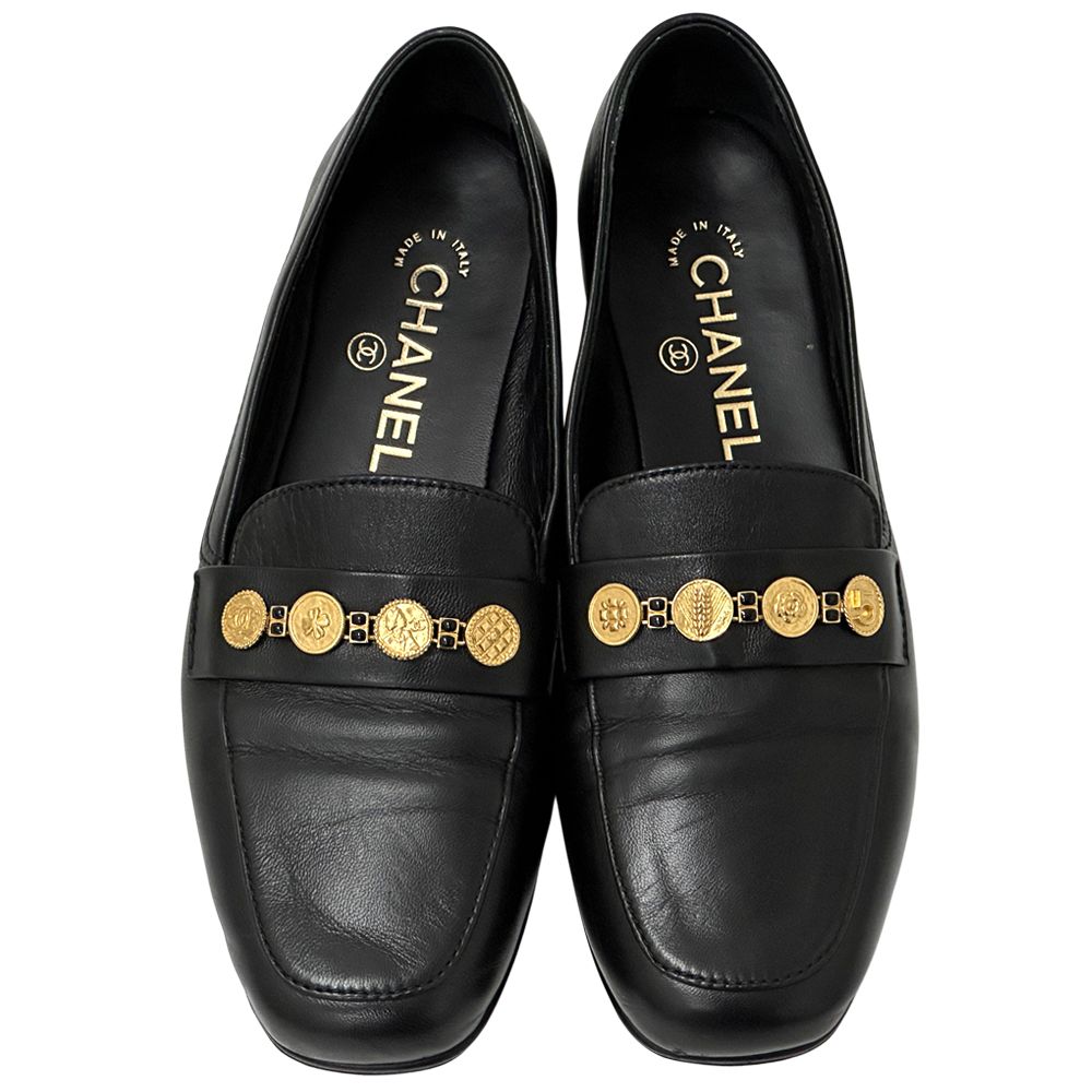 Chanel Leather Shoes Loafers Icon Black Gold — view 2