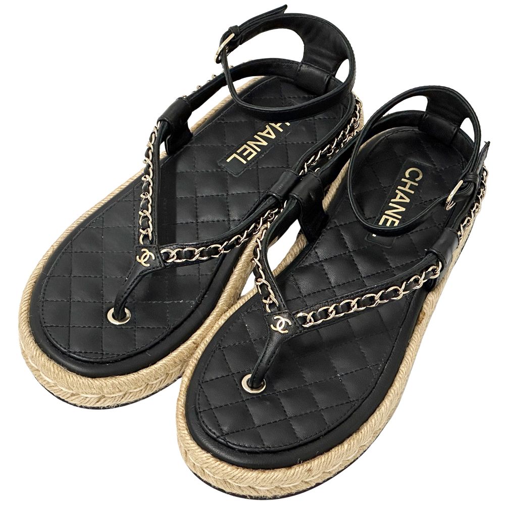 Chanel Sandals CC Logo Leather Thong Black Gold 39 Chain Summer Thick Sole
