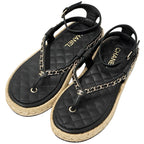 Chanel Sandals CC Logo Leather Thong Black Gold 39 Chain Summer Thick Sole