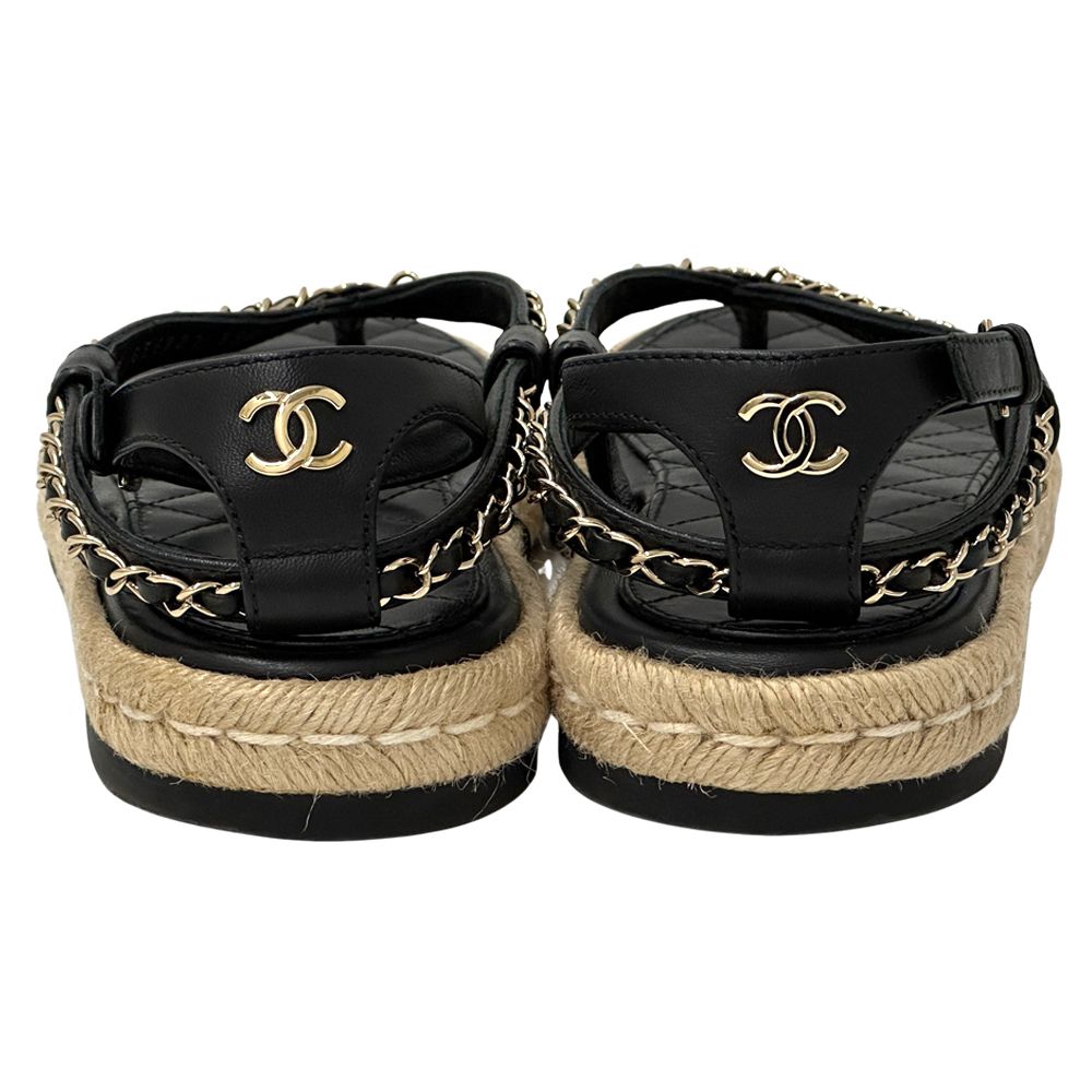 Chanel Sandals CC Logo Leather Thong Black Gold 39 Chain Summer Thick Sole — view 4