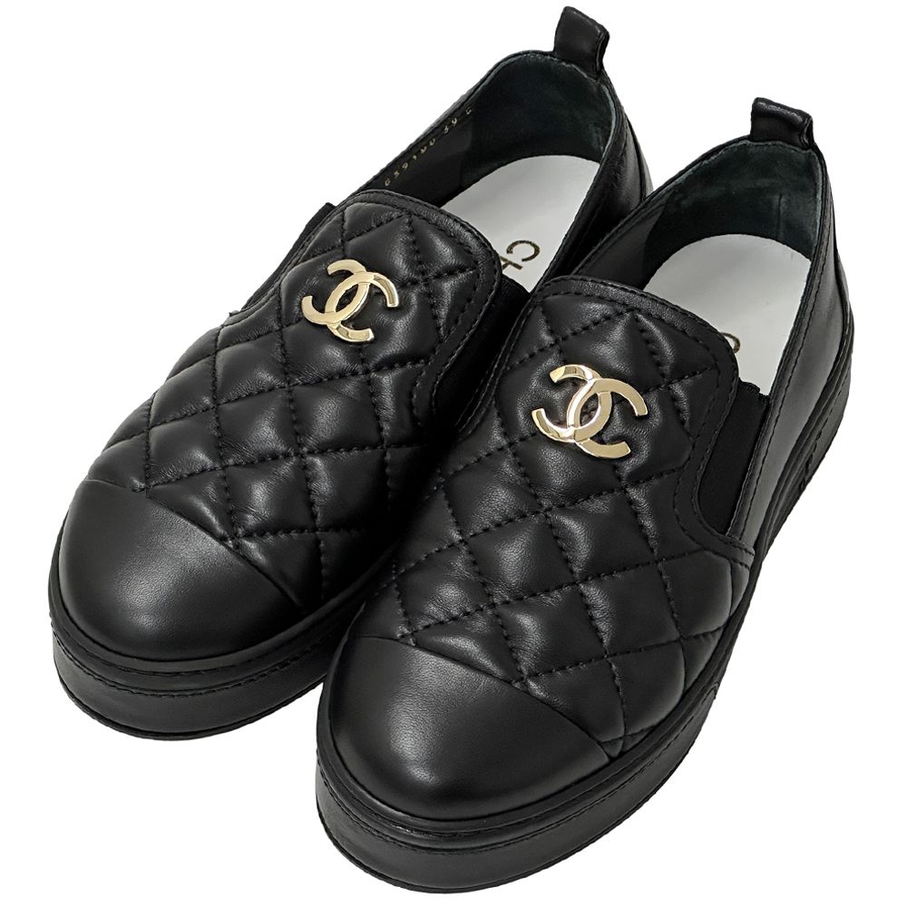 Chanel Shoes Quilted Leather Slip on Black Gold 39 Sneakers Thick Sole