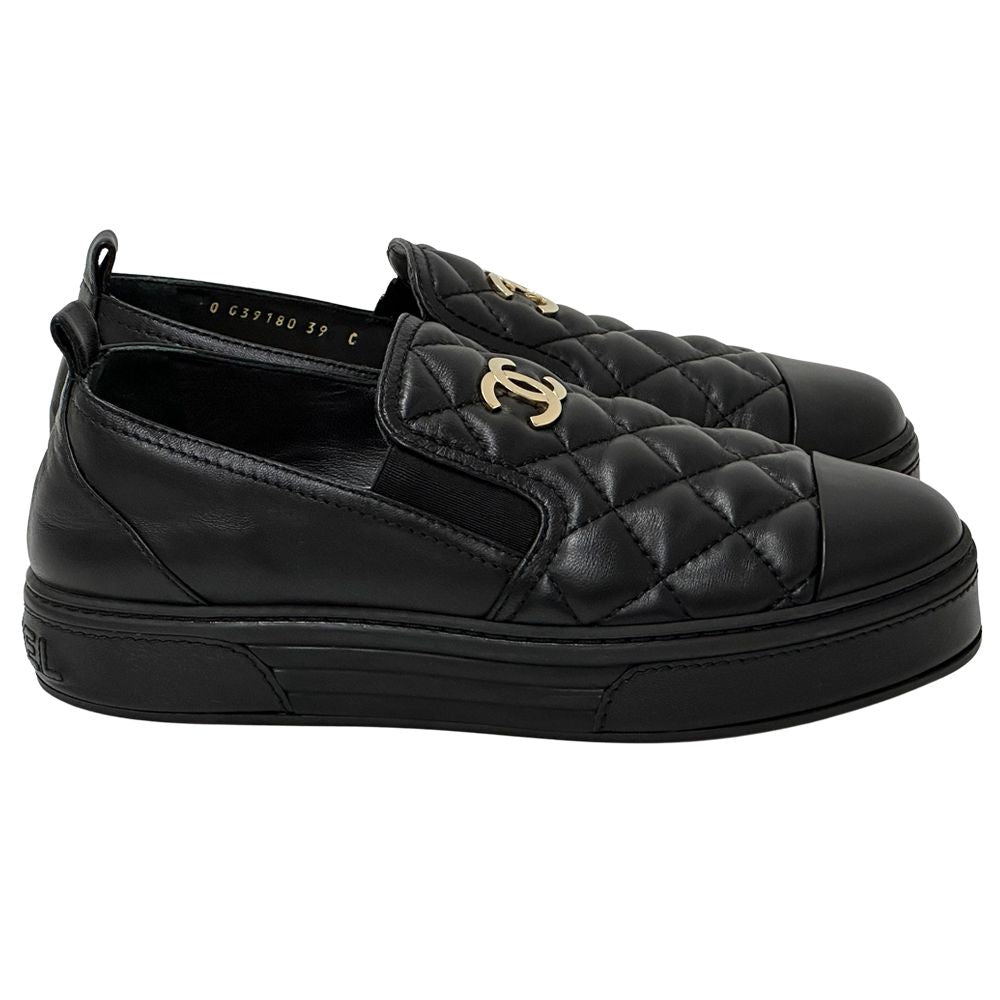 Chanel Shoes Quilted Leather Slip on Black Gold 39 Sneakers Thick Sole — view 3