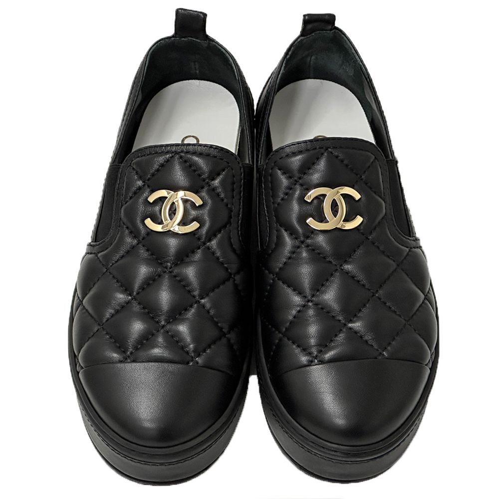 Chanel Shoes Quilted Leather Slip on Black Gold 39 Sneakers Thick Sole — view 5