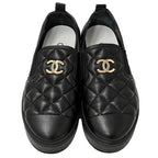 Chanel Shoes Quilted Leather Slip on Black Gold 39 Sneakers Thick Sole — view 5