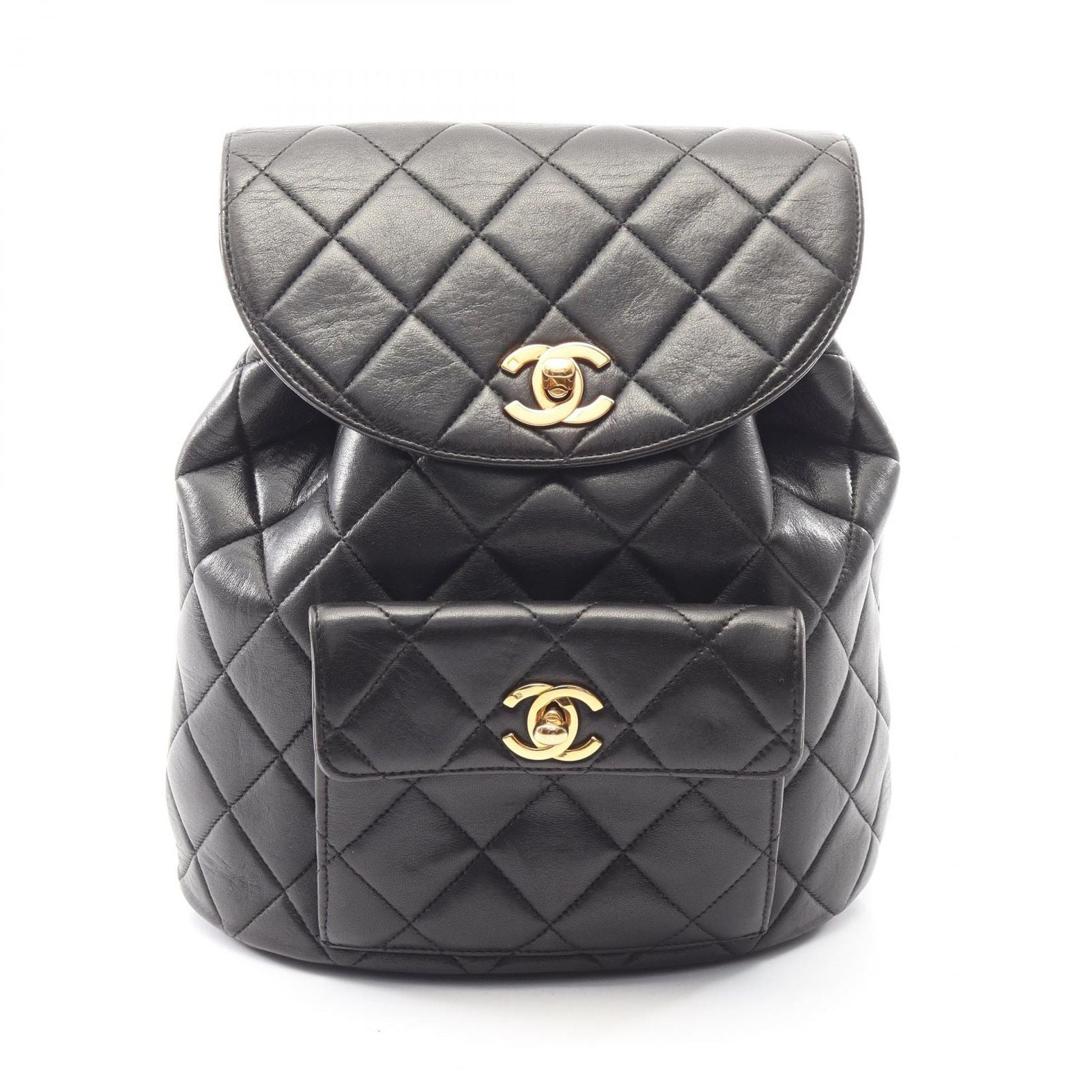 Chanel Backpack Quilted Black Lambskin Double Turnlock Chain
