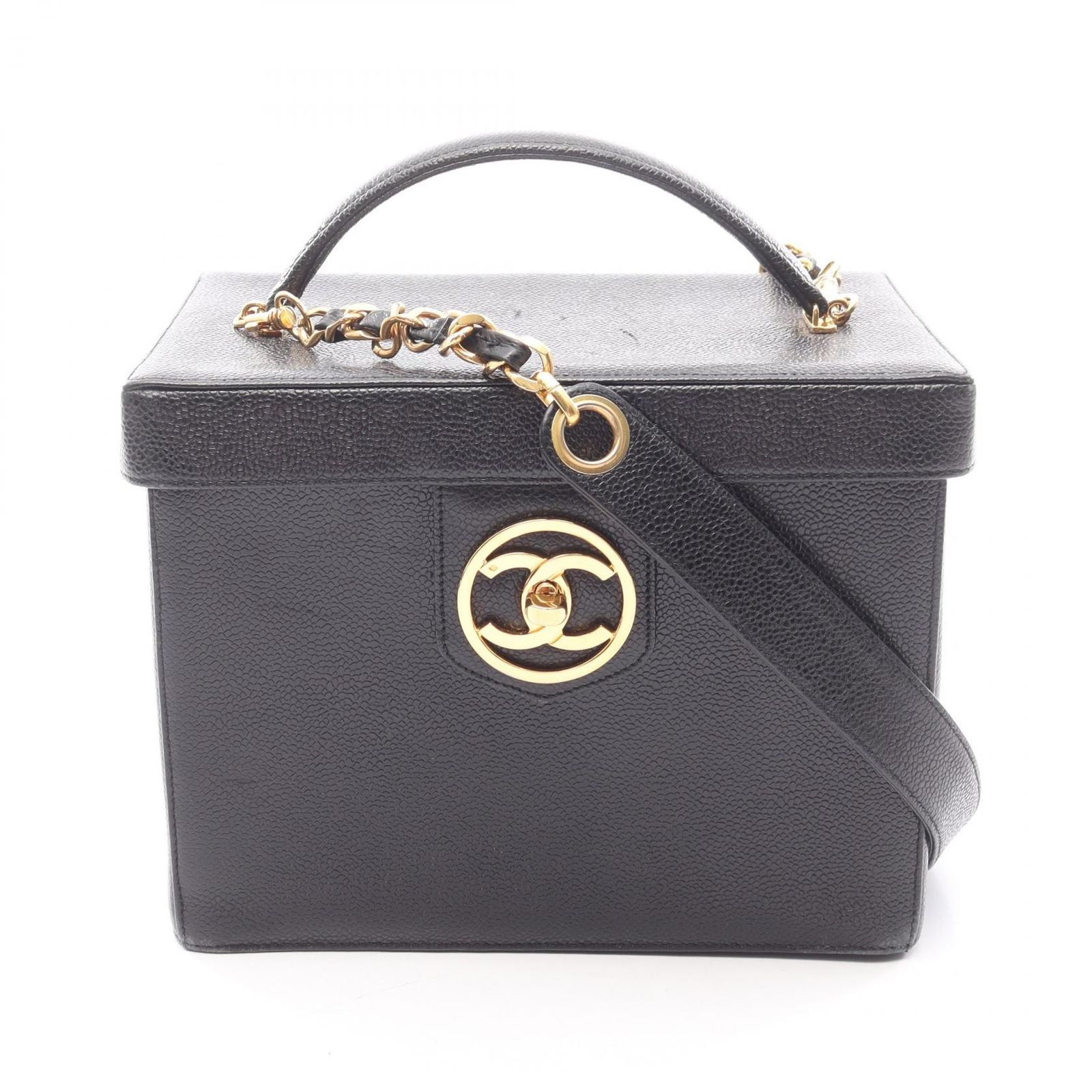 Chanel Handbag CC Logo 2-Way Black Caviar Leather Vanity Chain