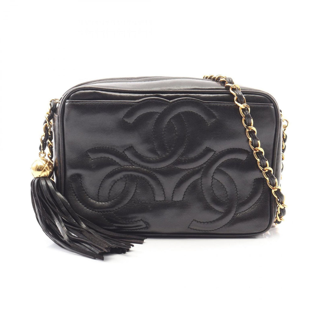 Chanel Shoulder Bag Triple CC Logo Tassel Black Lambskin Coco Fringe Mini Chain