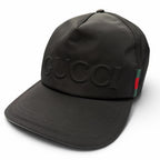 Gucci Nylon Leather Logo Embossed Hat Baseball Cap Black Silver XL