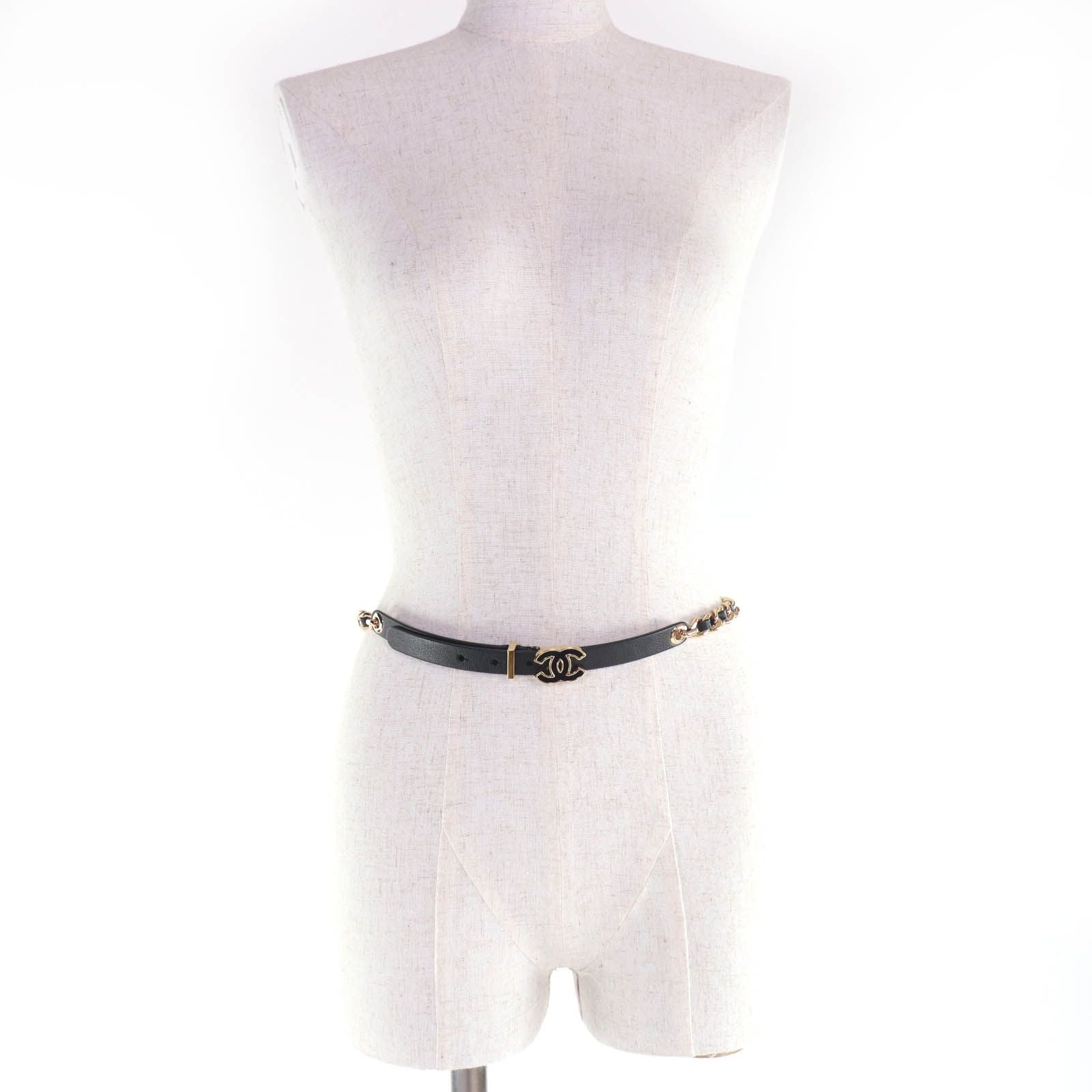 Chanel CC Logo Chain Leather Belt Black Gold 75 — view 5