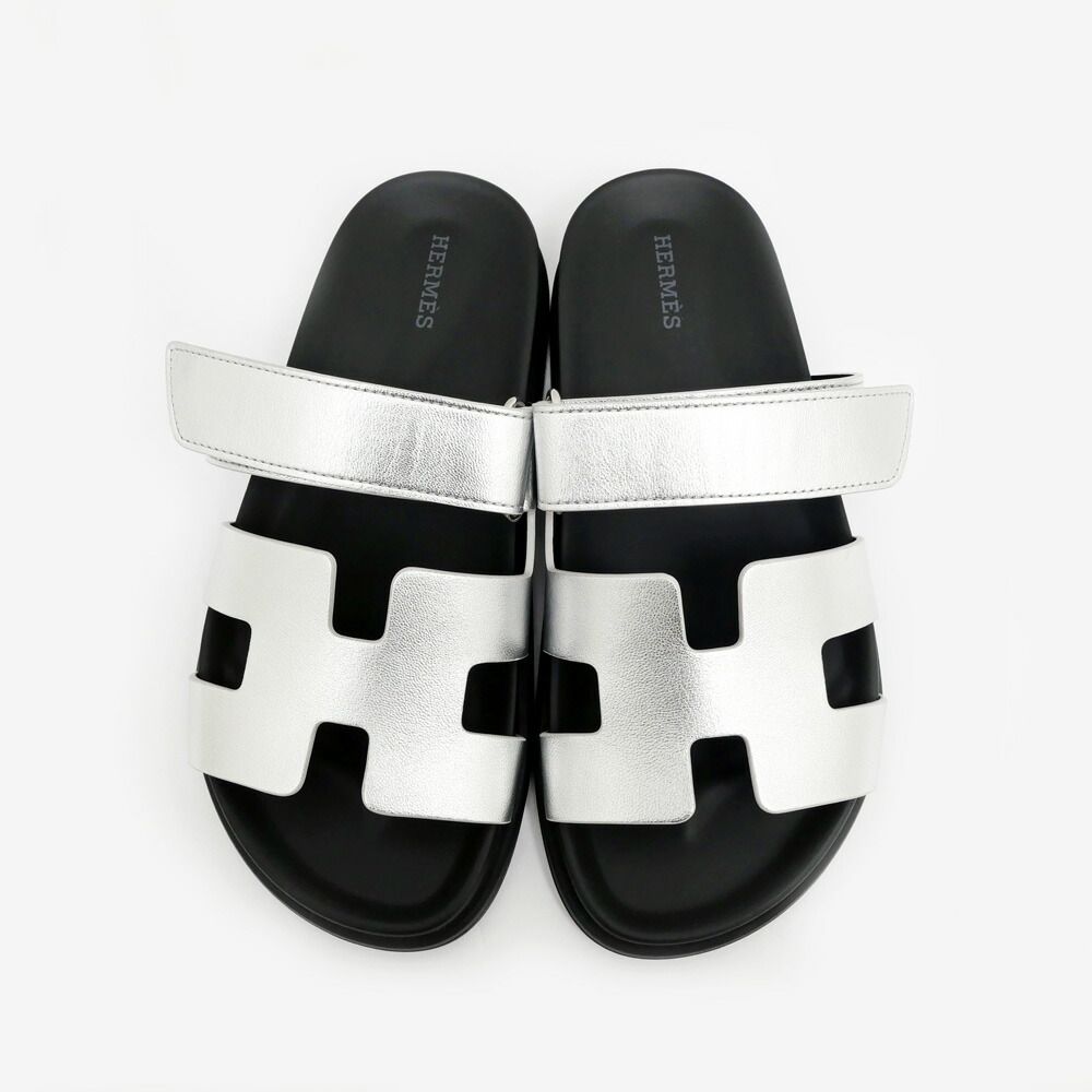Hermes Sandals Chypre 37 Gray Argent Silver Black Shoes — view 7