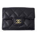 Chanel Wallet Quilted Trifold Caviar Leather Black Gold Mini Small