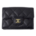 Chanel Wallet Quilted Trifold Caviar Leather Black Gold Mini Small