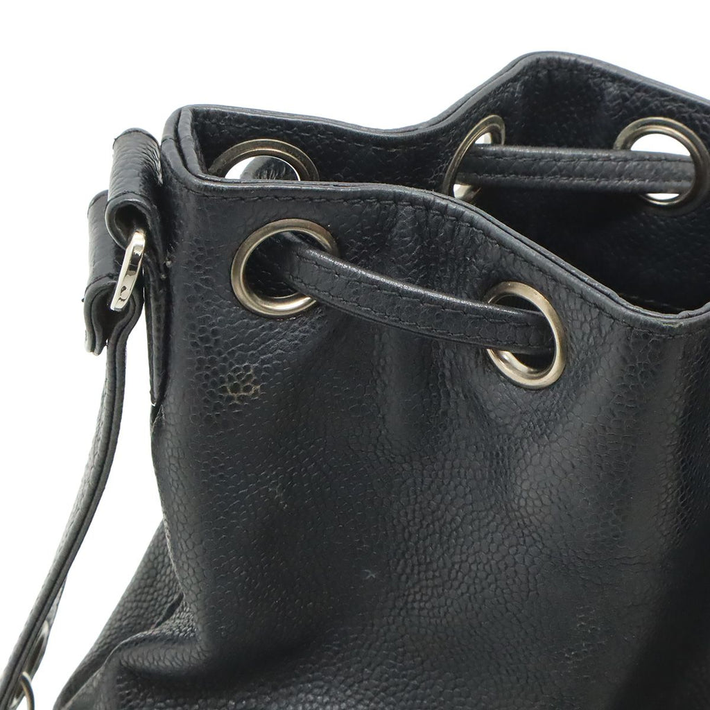 Chanel Logo Drawstring Shoulder Bag Chain Bag Caviar Leather Black Silver Pouch — view 6