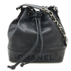 Chanel Logo Drawstring Shoulder Bag Chain Bag Caviar Leather Black Silver Pouch