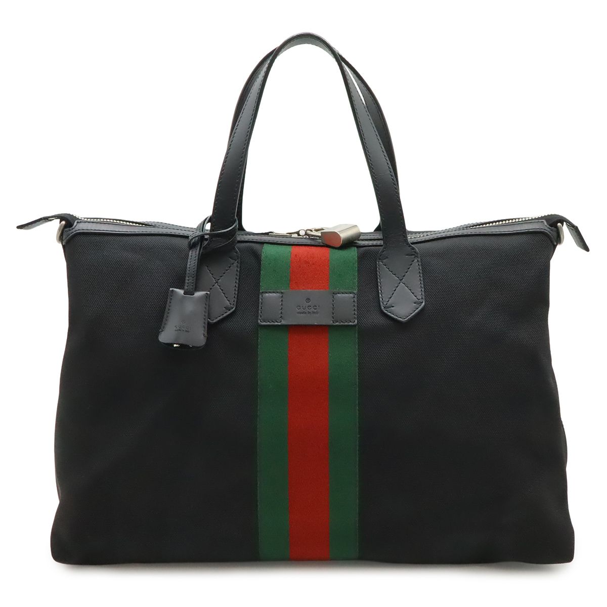 Gucci Web Stripe Sherry Line Tote Large Shoulder Bag Nylon Leather Black