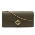 Fendi FF Diamond Chain Wallet Clutch 2-Way Pochette Leather Gray Gold