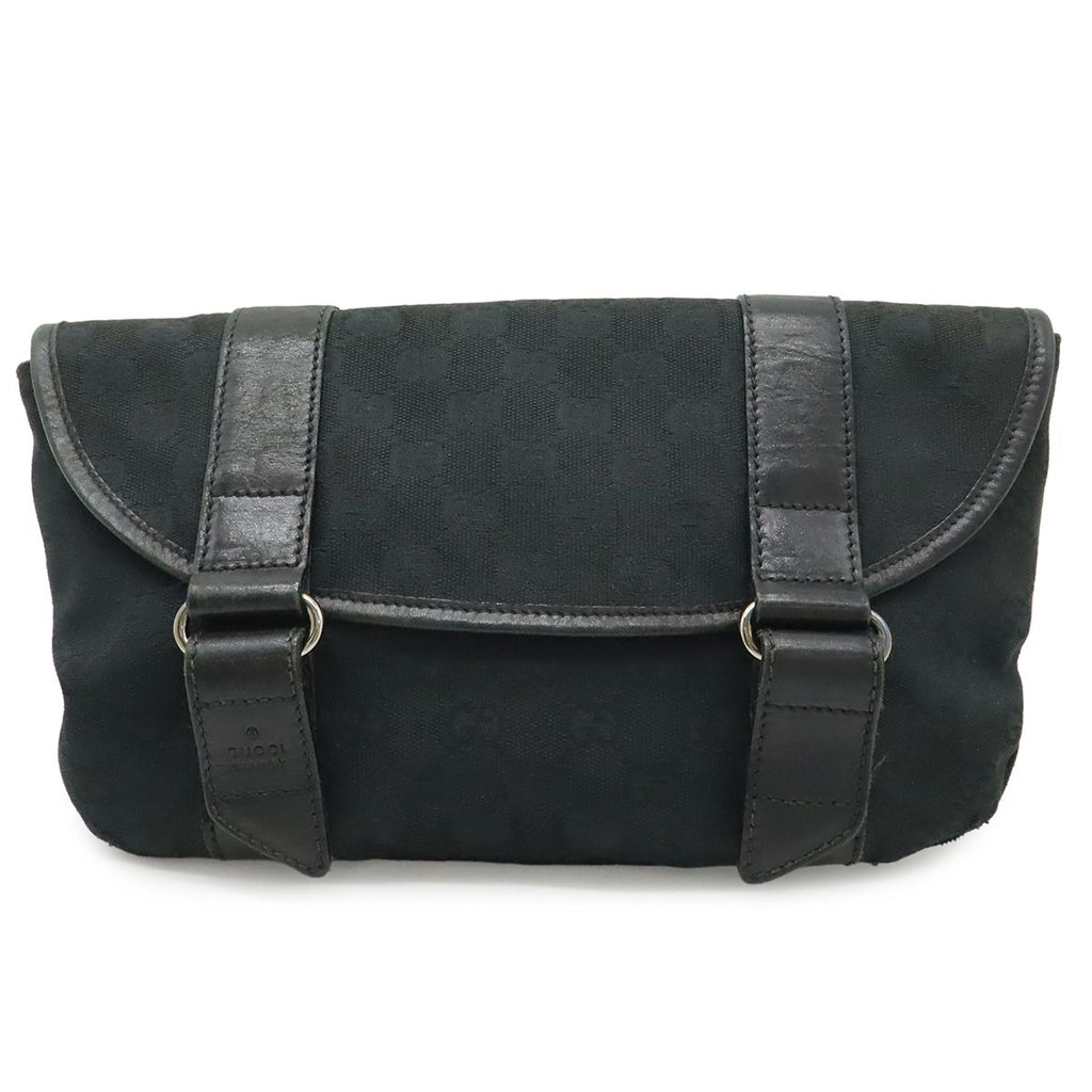 Gucci GG Canvas Belt Bag Waist Pouch Leather Black Silver